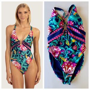 NWT Trina Turk India Garden Floral Fowers One Piece Plunge Swimsuit in Navy Sz 8